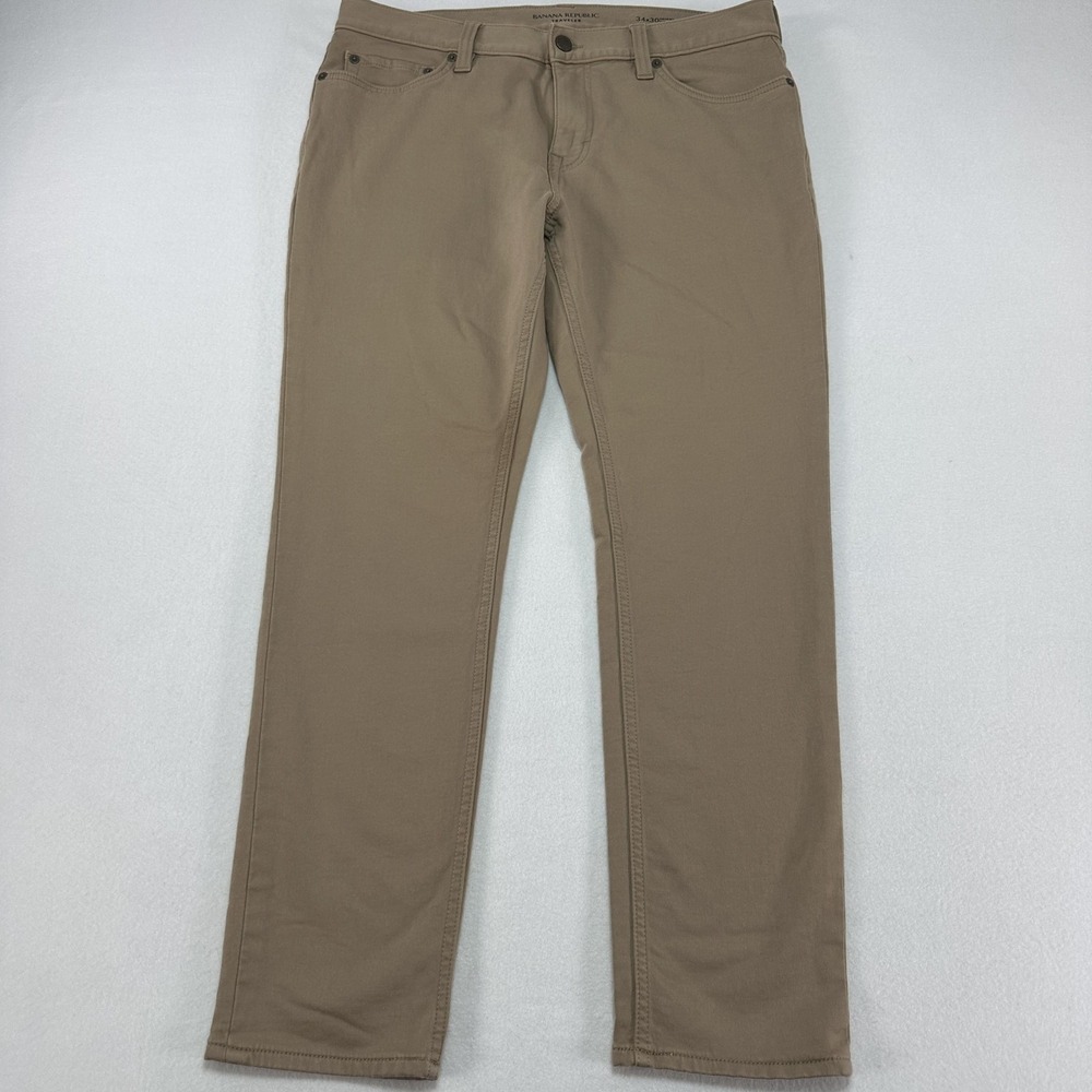 Banana Republic Traveler Pants Mens 34x30 Beige Skinny Stretch Chino FITS 34x28